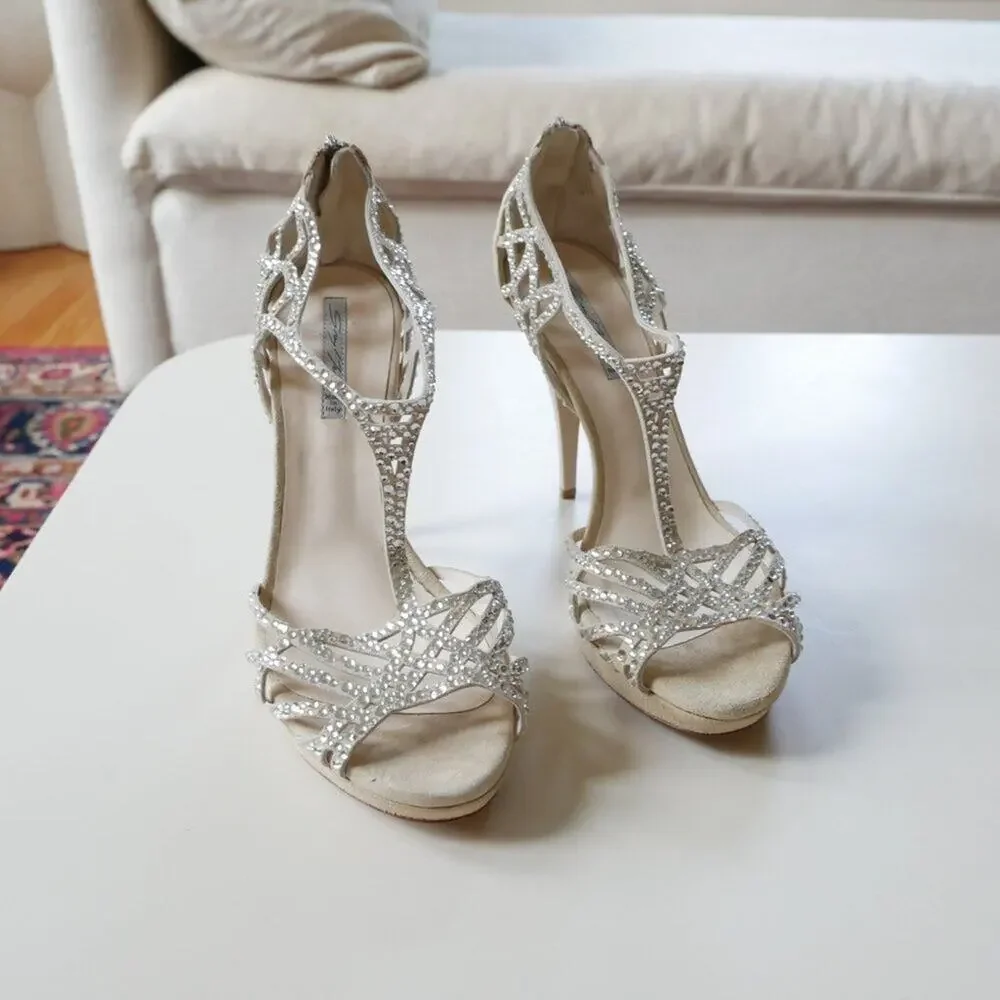 Grey Mer Italy Crystal Heels made in Italy Strappy Sandals suede 8.5 9 - Picture 4 of 11